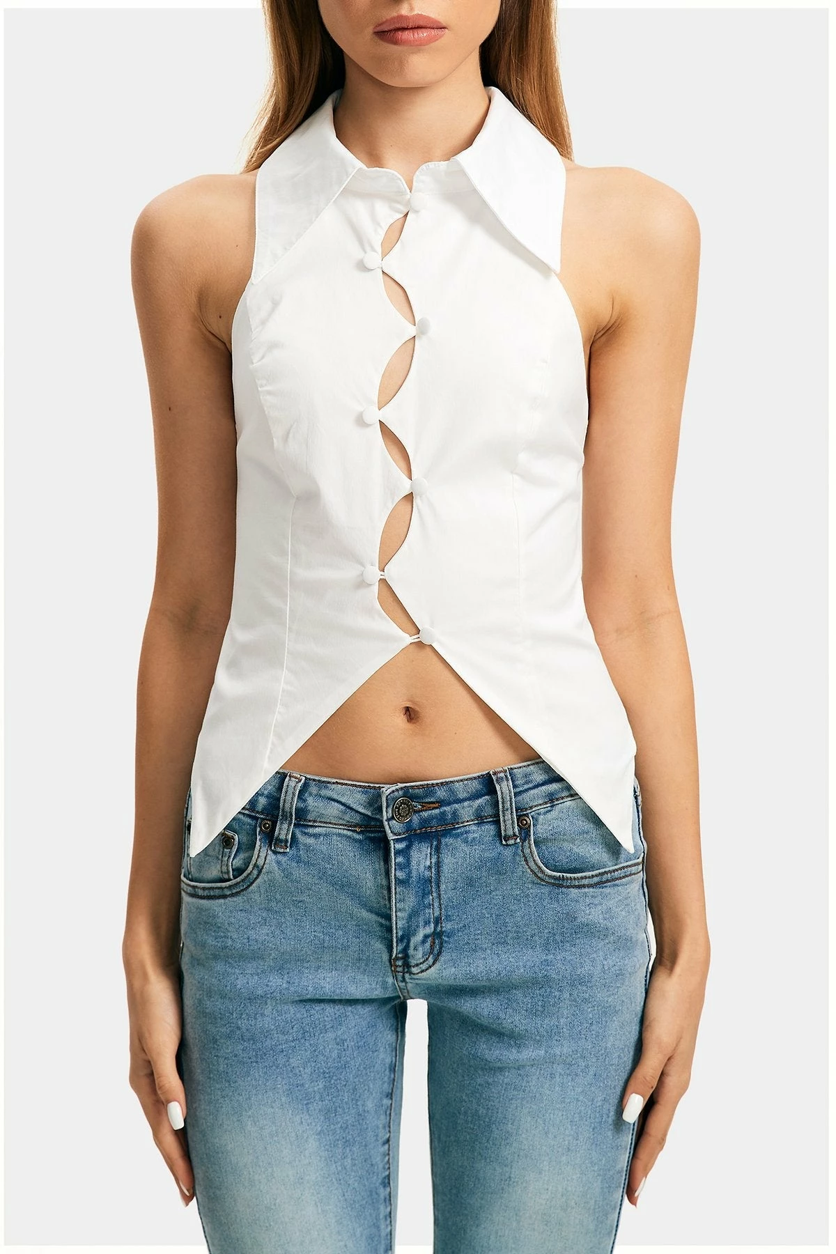 Solado Lapel Neck Button Front Asymmetrical Hem Crop Top 8 Solado Lapel Neck Button Front Asymmetrical Hem Crop Top - Image 6