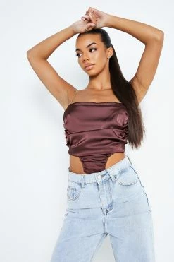 Solado Asymmetrical Hem Open Back Satin Crop Top