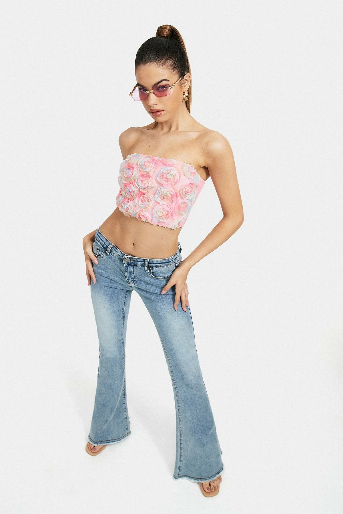 Solado Gradient 3D Flower Mesh Tube Shirred Crop Top 6 Solado Gradient 3D Flower Mesh Tube Shirred Crop Top - Image 4