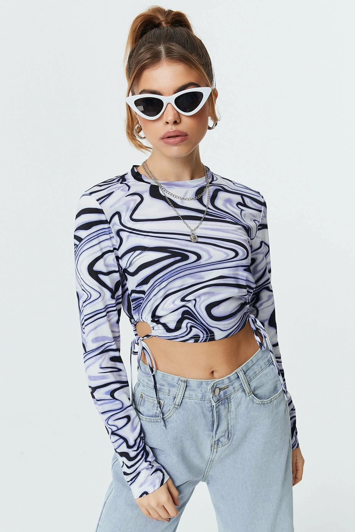 Solado Drawstring Waist Abstract Print Crop Long Sleeve Blouse 3 Solado Drawstring Waist Abstract Print Crop Long Sleeve Blouse