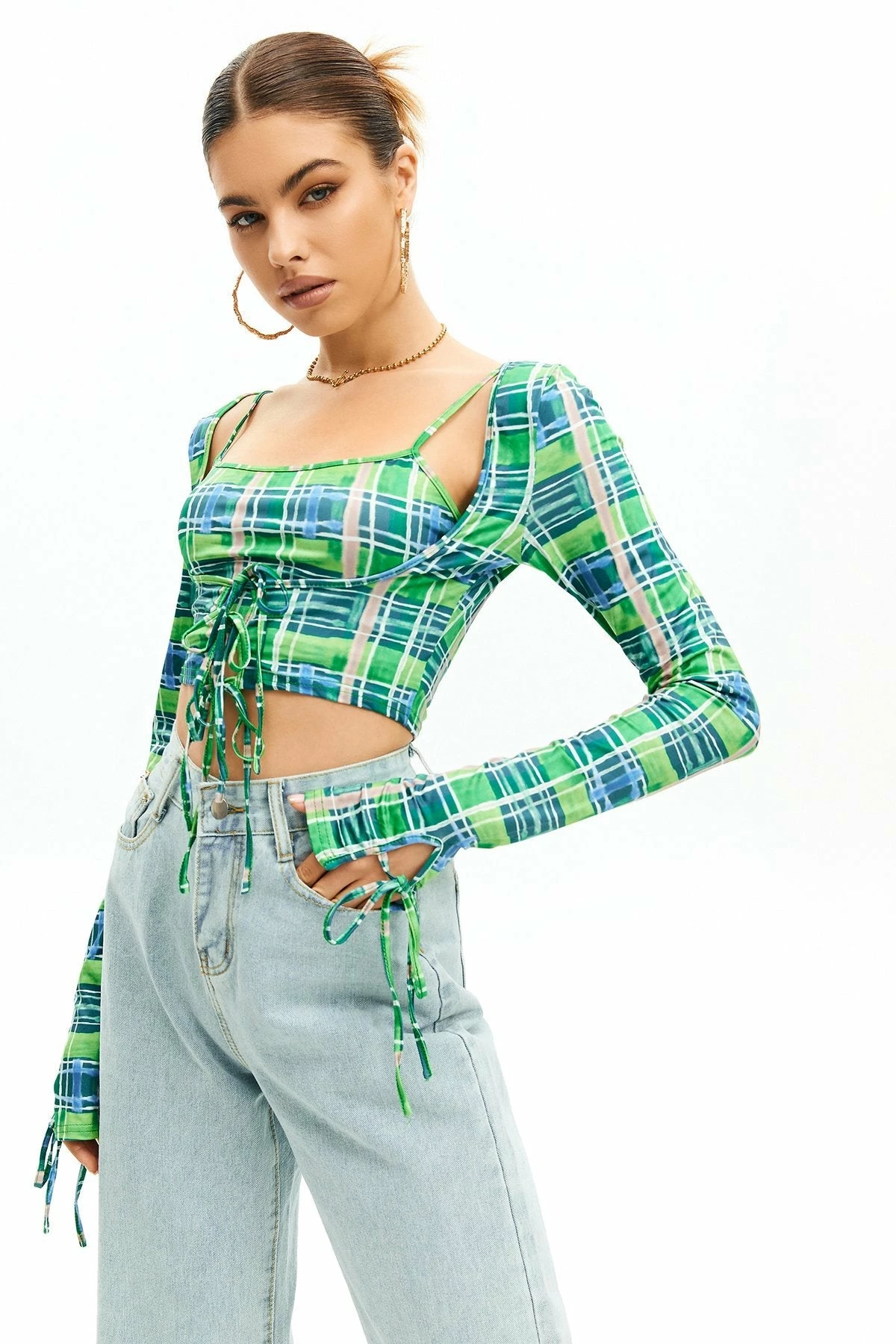 Solado Check Print Tie Front Crop Top 5 Solado Check Print Tie Front Crop Top - Image 3