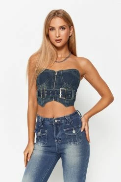 Solado Zipper Front Belt Decor Asymmetrical Hem Tube Tank Top