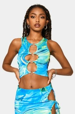 SOLADO Abstract Print Cut Out Sleeveless Crop Top