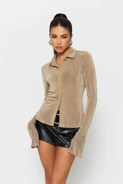 SOLADO Lapel Neck Flared Sleeve Split Cuff Blouse