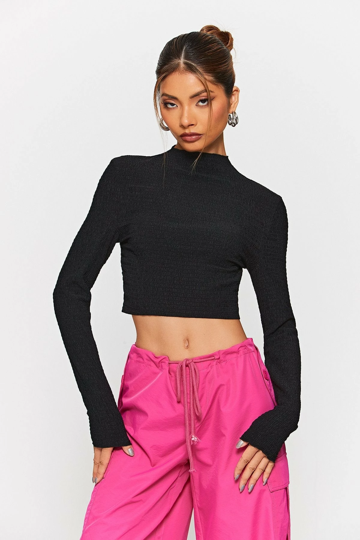 SOLADO Mock Neck Pleat Textured Long Sleeve Crop Top 3 SOLADO Mock Neck Pleat Textured Long Sleeve Crop Top