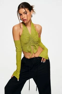 Solado Halter Neck Drawstring Ruched Long Sleeve Top With Oversleeve
