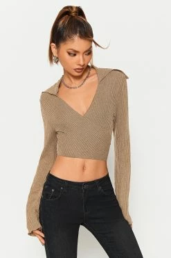 Alternative view of SOLADO Plunging Neck Wrap Hem Flared Sleeve Crop Top