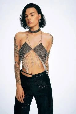 Solado Chain Tassel Rhinestone Decor Open Back Corset Top