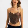 Solado Chain Halter Neck PU Leather Curved Hem Crop Top
