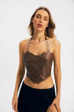 Solado Chain Halter Neck PU Leather Curved Hem Crop Top