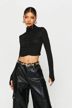 SOLADO High Neck Ruched Thumb Hole Long Sleeve Top