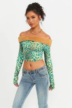 Alternative view of Solado Fuzzy Trim Off Shoulder Leopard Print Long Sleeve Top
