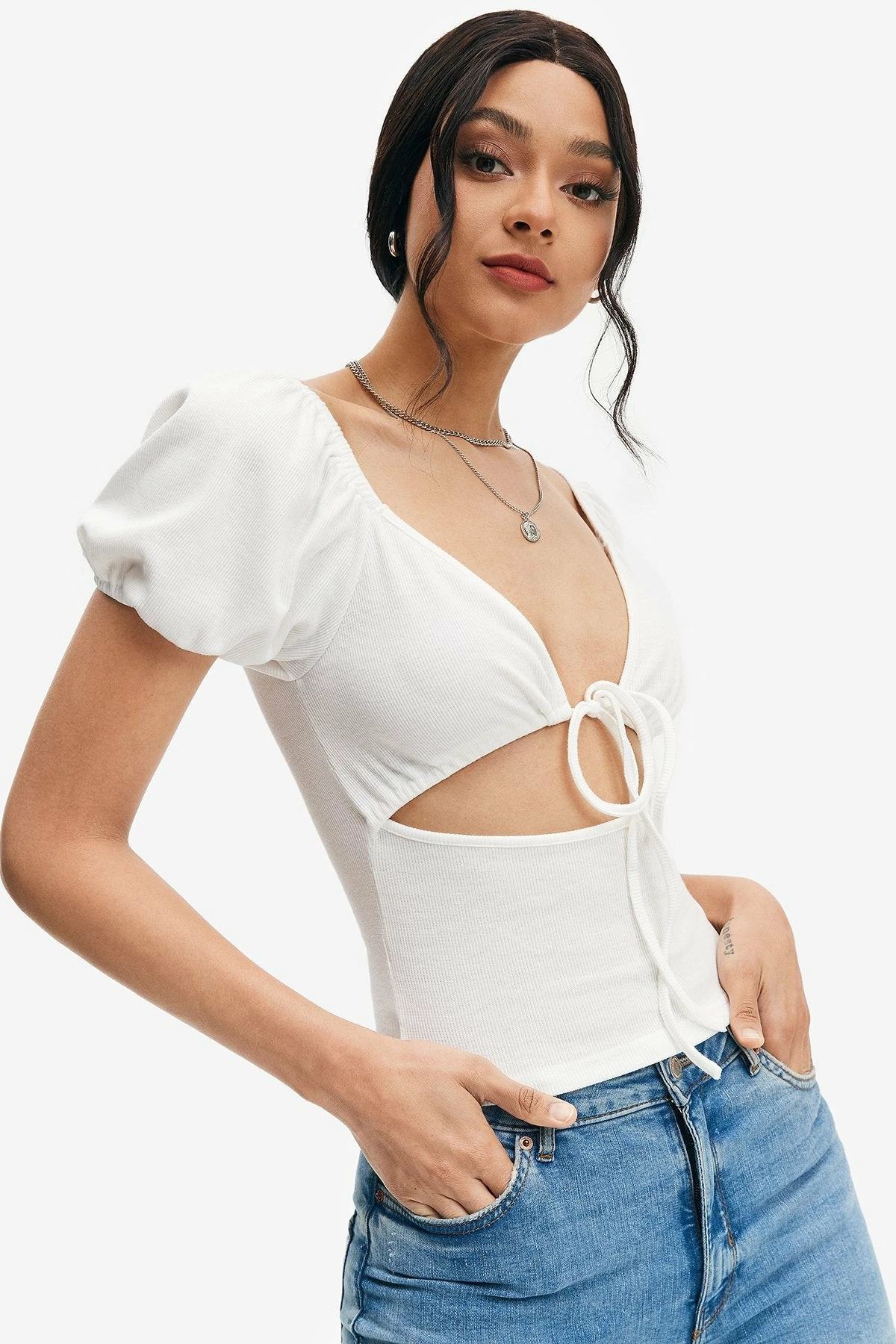Solado Puff Sleeve Tie Front Cut Out Crop Top 4 Solado Puff Sleeve Tie Front Cut Out Crop Top - Image 2