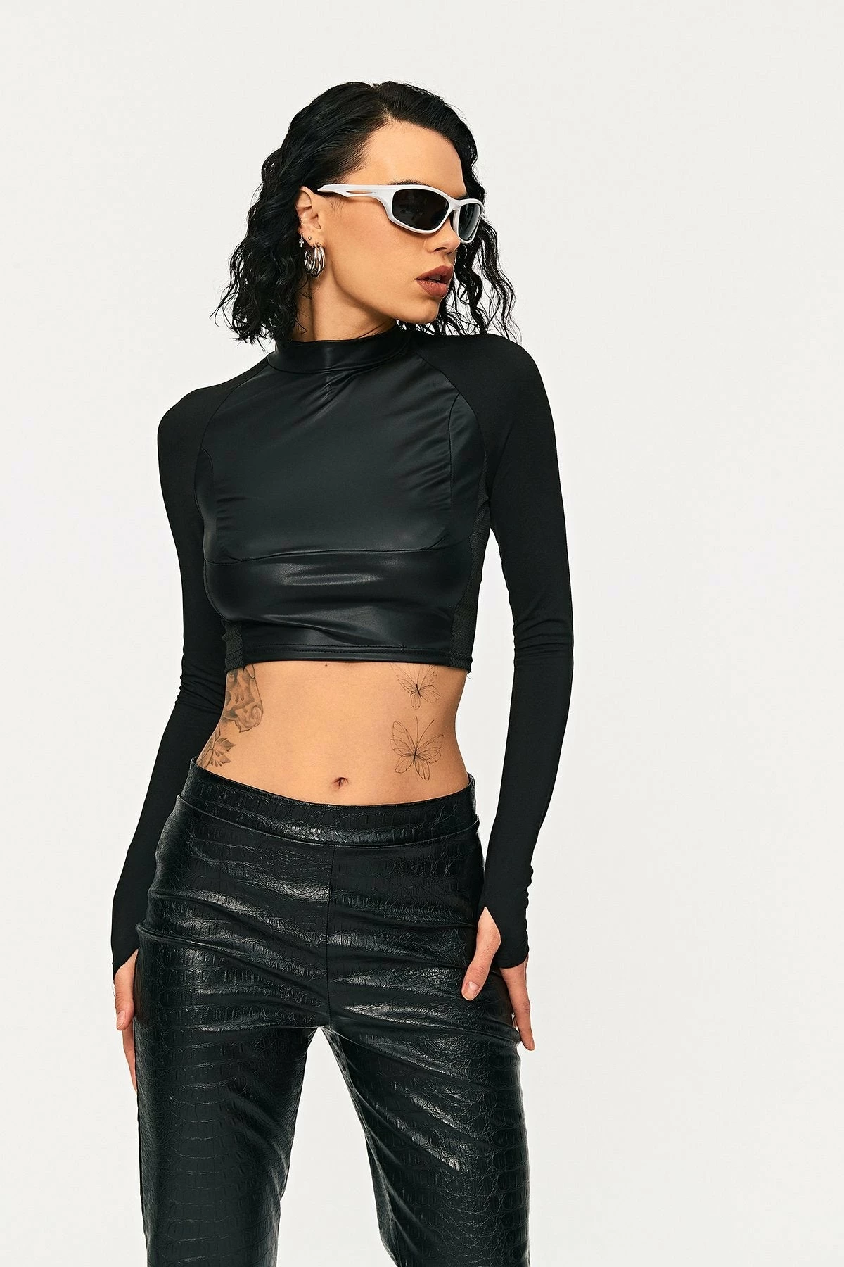 Solado Mock Neck PU Leather Splicing Long Sleeve Top 4 Solado Mock Neck PU Leather Splicing Long Sleeve Top - Image 2