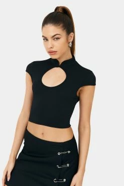 SOLADO Mock Neck Short Sleeve Cut Out Crop Top