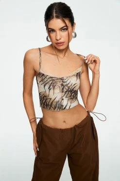 Solado Animal Print Lace Trim Backless Mesh Crop Top