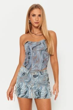 Solado Abstract Print Curved Hem Denim Tube Tank Top