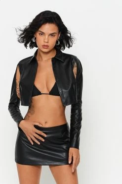 Alternative view of SOLADO Lapel Neck Cut Out PU Leather Long Sleeve Top