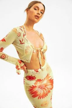 Solado Mesh Ruffle Sleeve Floral Print Tie Front Shirt Without Bra