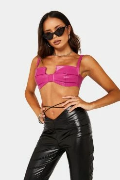 SOLADO PU Leather Zip Backless Bow Design Crop Top