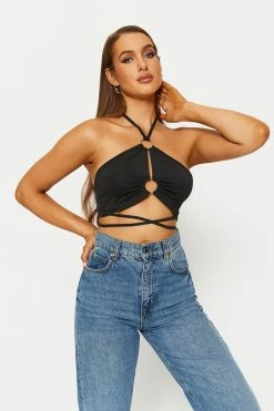 Solado Halter Neck Cut Out Cross Tie Backless Crop Top