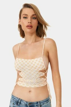SOLADO Lace Up Plaid Print Backless Cami Crop Top