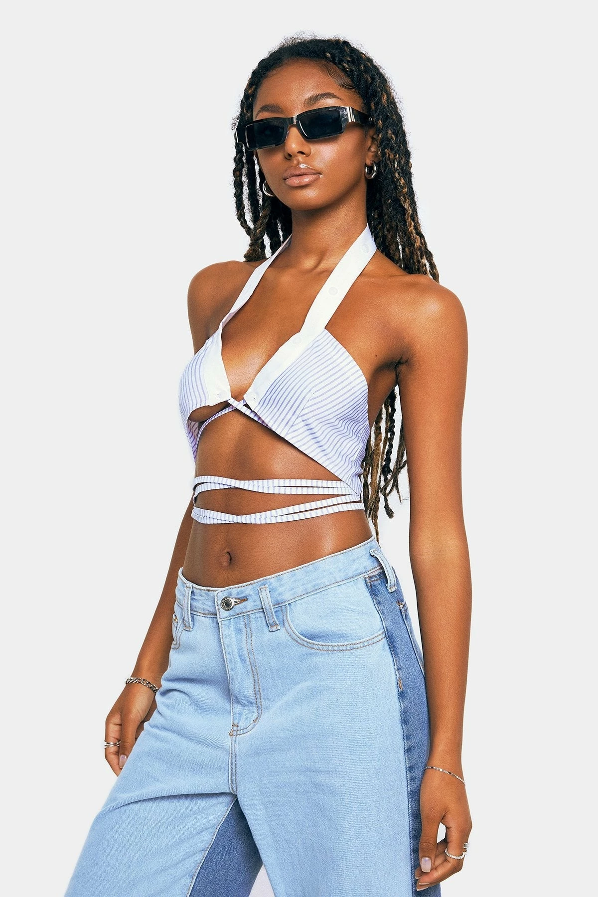 SOLADO Striped Print Halter Neck Cross Tie Crop Top 5 SOLADO Striped Print Halter Neck Cross Tie Crop Top - Image 3