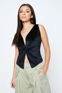 Solado Plunging Neck Button Front Backless Velvet Tank Top