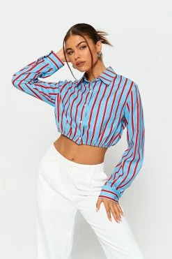 SOLADO Colorblock Stripe Print Cinched Waist Shirt