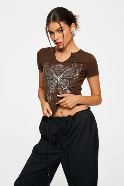 Solado Butterfly Print Rhinestone Short Sleeve Crop Top