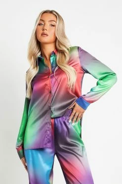 SOLADO Satin Gradient Lapel Neck Long Sleeve Blouse