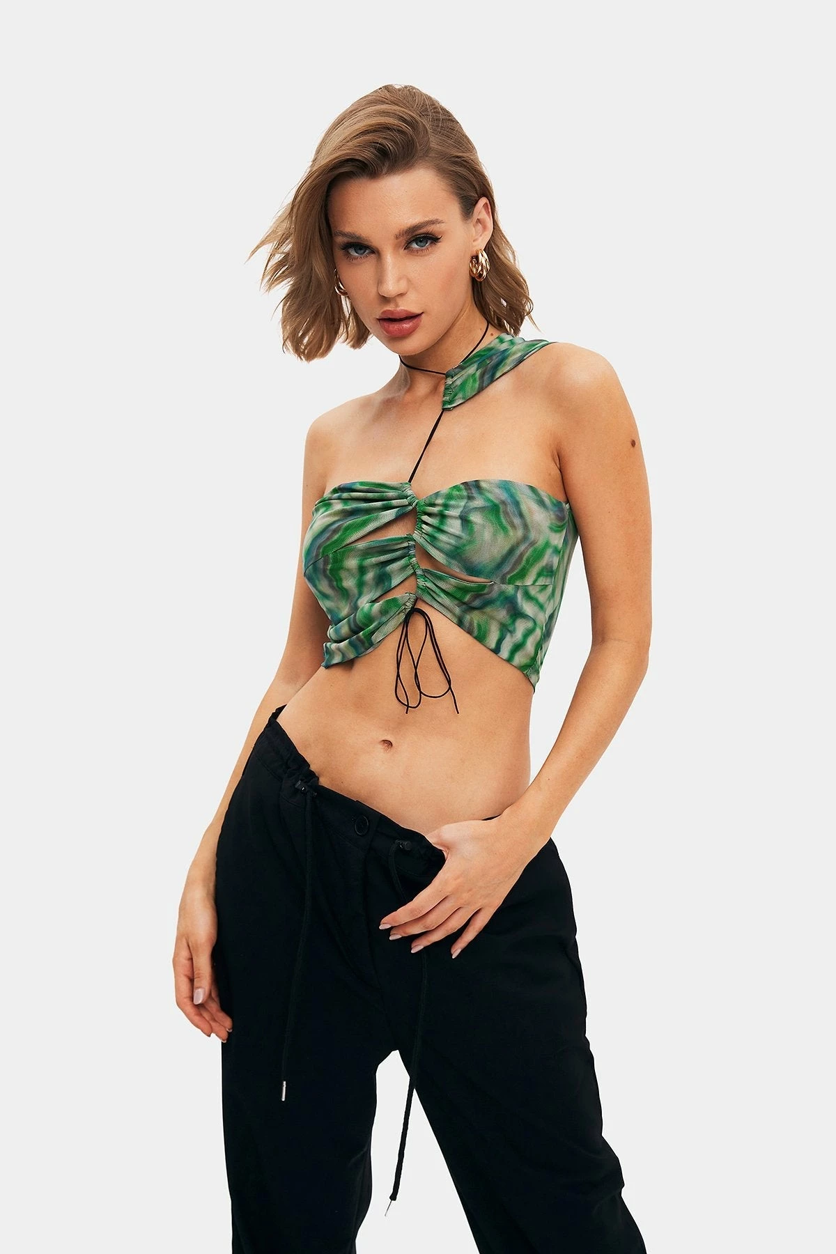SOLADO Ruched Drawstring Abstract Print Cut Out Crop Top 5 SOLADO Ruched Drawstring Abstract Print Cut Out Crop Top - Image 3