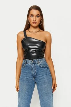 Alternative view of Solado One Shoulder Backless PU Leather Crop Top