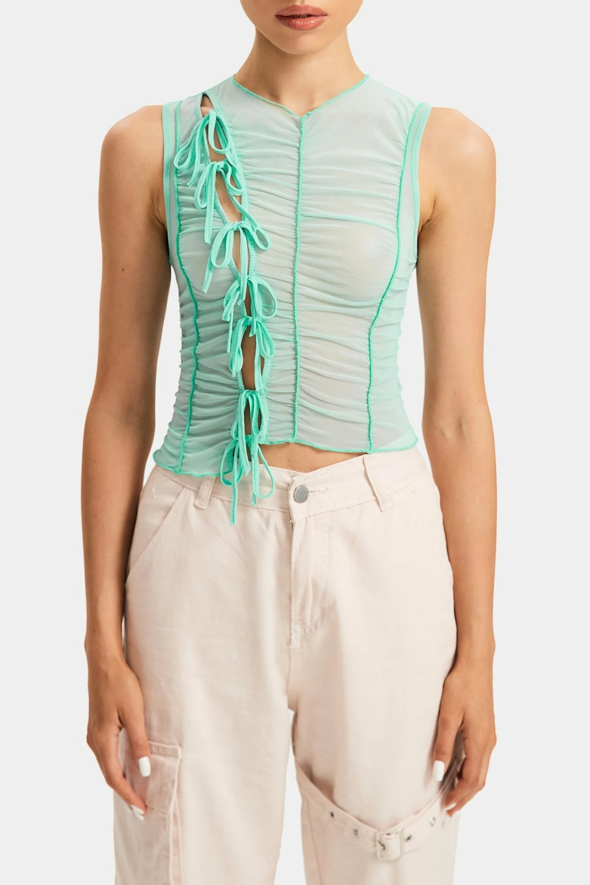 SOLADO Mesh Tie Front Seam Detail Asymmetrical Hem Tank Top 8 SOLADO Mesh Tie Front Seam Detail Asymmetrical Hem Tank Top - Image 6