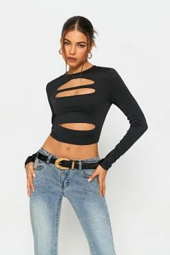 SOLADO Cut Out Solid Long Sleeve Crop Top