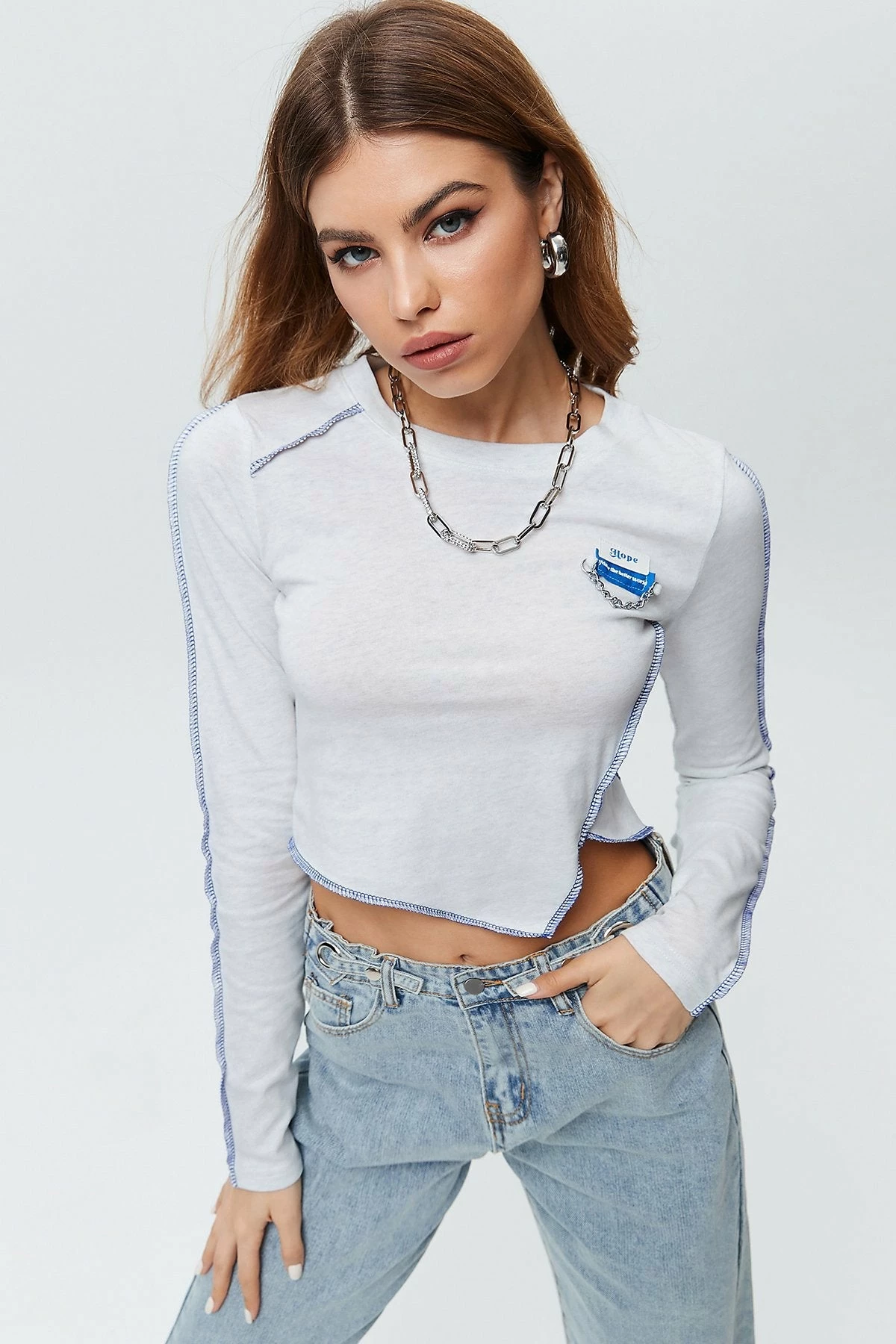 Solado Irregular Hem Stitched Trim Crop Long Sleeve Blouse Top 8 Solado Irregular Hem Stitched Trim Crop Long Sleeve Blouse Top - Image 6