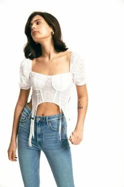 Solado Puff Sleeve Asymmetrical Hem Crochet Crop Top