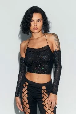 SOLADO Halter Neck Glitter Backless Crop Top With Oversleeve