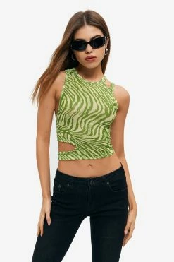 SOLADO Mesh Swirl Print Cut Out Sleeveless Tank Top