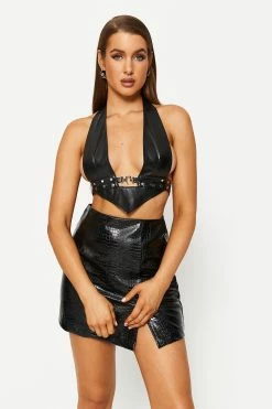 Solado Plunging Neck Buckled Decor PU Leather Tank Top