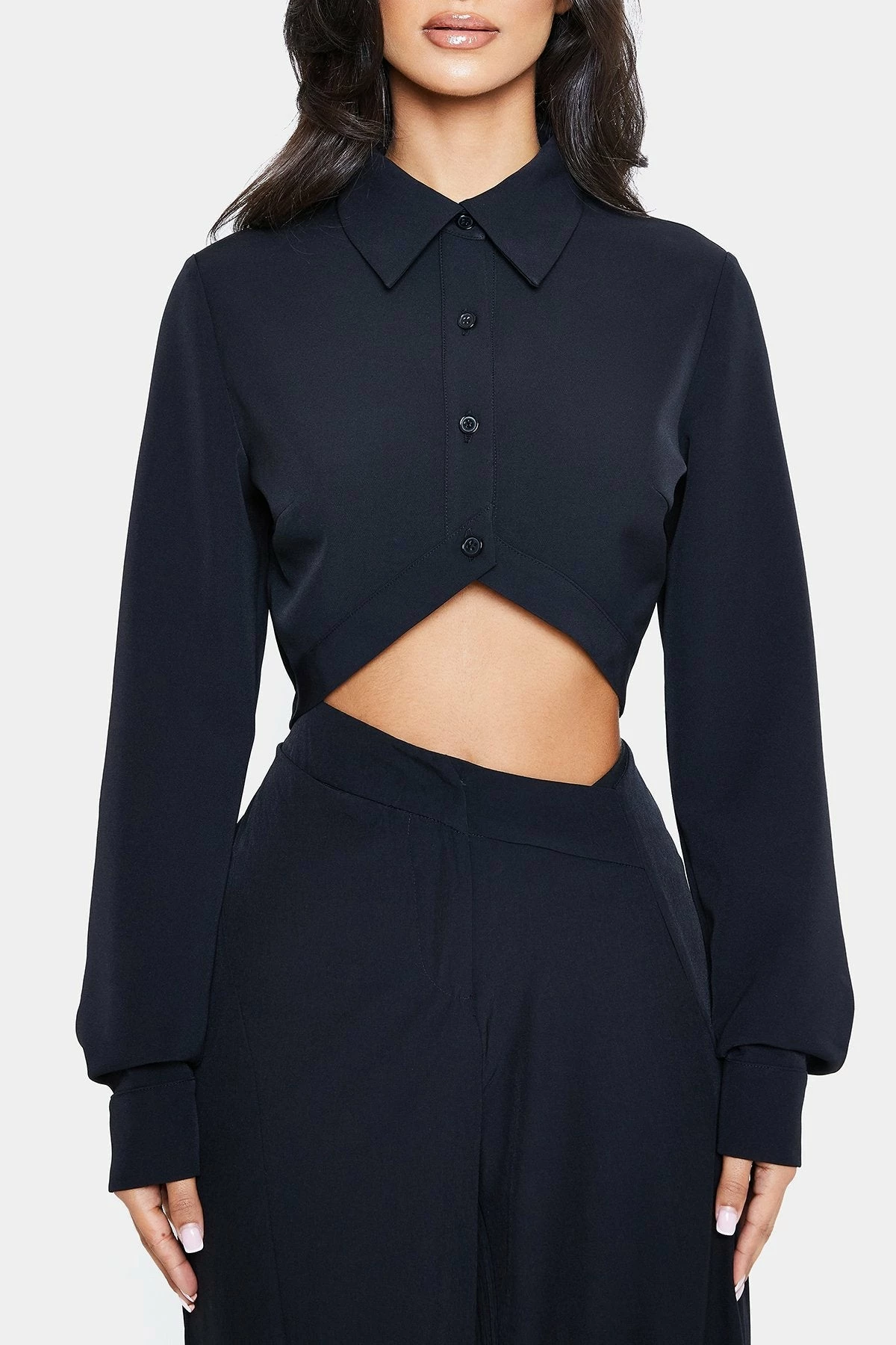 SOLADO Lapel Neck Asymmetrical Hem Long Sleeve Crop Top 8 SOLADO Lapel Neck Asymmetrical Hem Long Sleeve Crop Top - Image 6