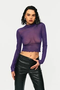 Solado Mock Neck Lettuce Trim Mesh Long Sleeve Top
