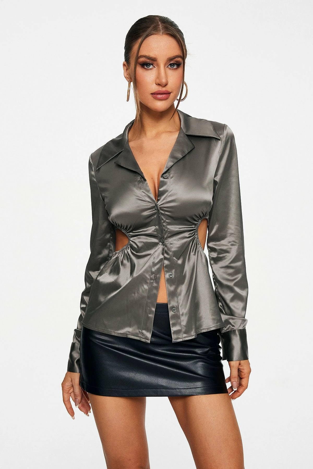 SOLADO Satin Cut Out Cinched Waist Long Sleeve Blouse 3 SOLADO Satin Cut Out Cinched Waist Long Sleeve Blouse