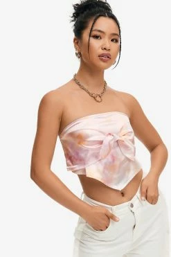 Solado Satin Bow Front Asymmetric Hem Crop Top