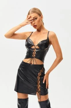 SOLADO Plunging Neck Lace Up PU Leather Crop Top