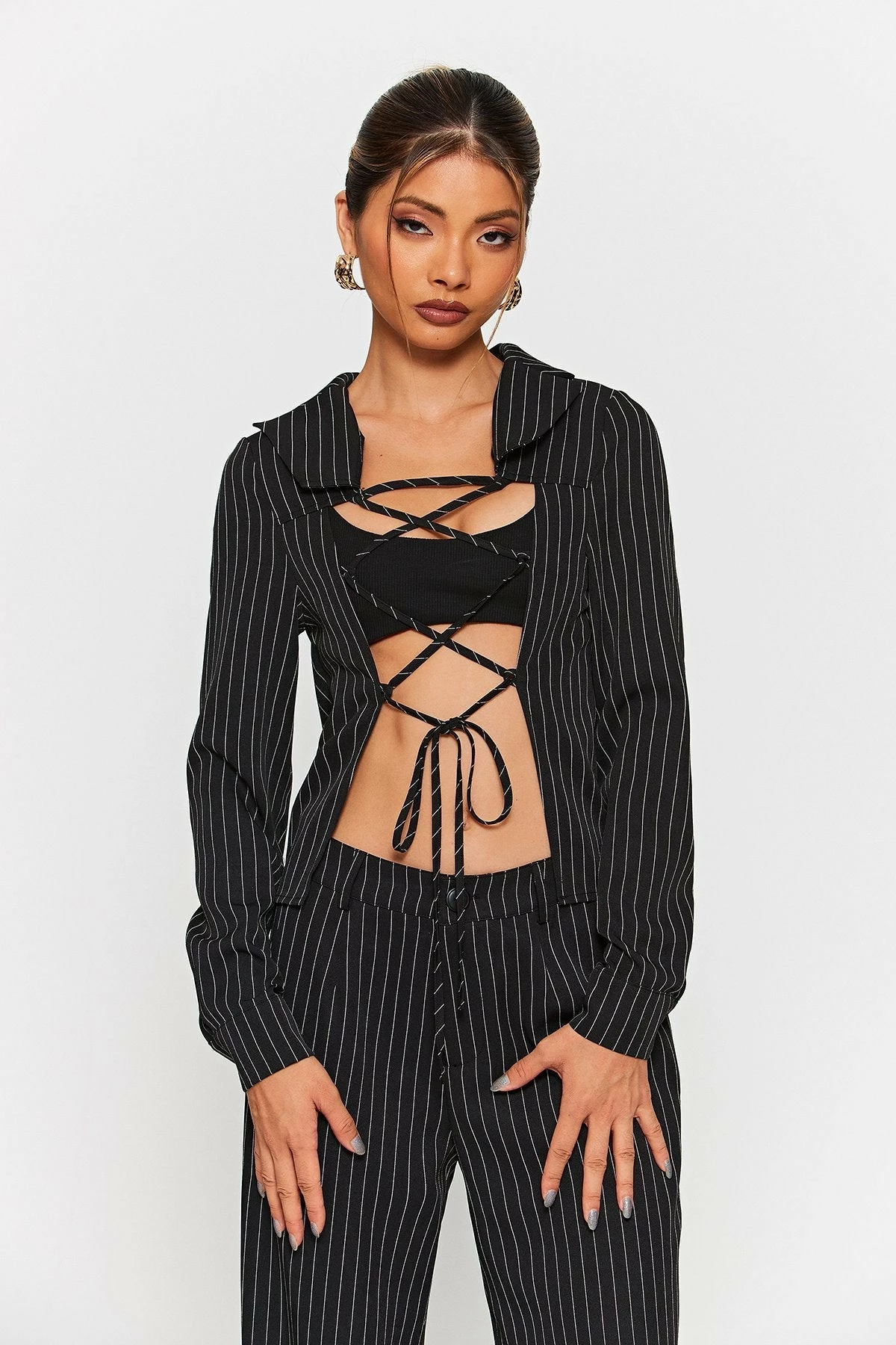 SOLADO Lapel Neck Stripe Print Lace Up Shirt Without Underwear 4 SOLADO Lapel Neck Stripe Print Lace Up Shirt Without Underwear - Image 2