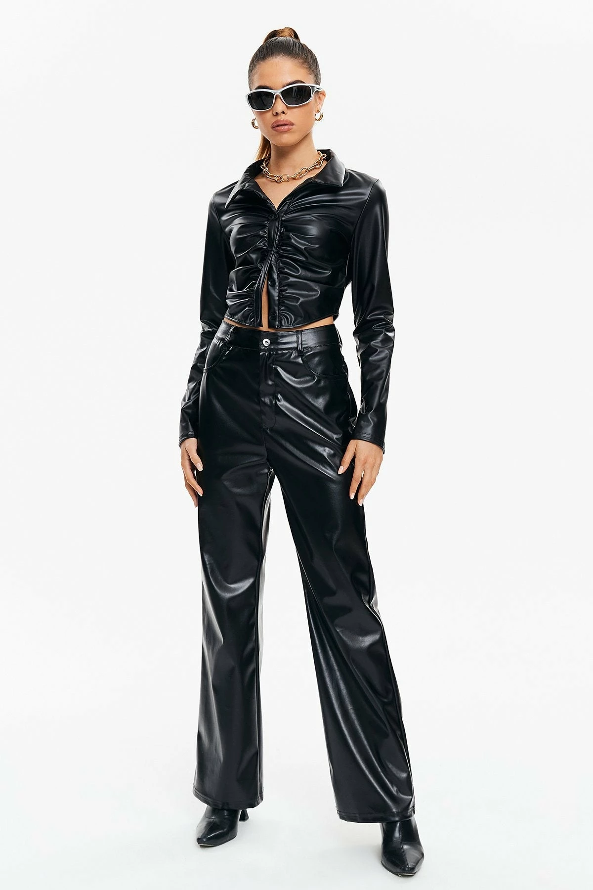 Solado Button Front Ruched PU Leather Crop Top 6 Solado Button Front Ruched PU Leather Crop Top - Image 4