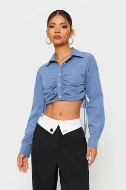 SOLADO Lapel Neck Drawstring Ruched Long Sleeve Shirt