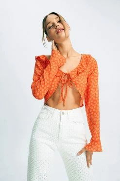 Solado Floral Print Ruffle Long Sleeve Crop Top