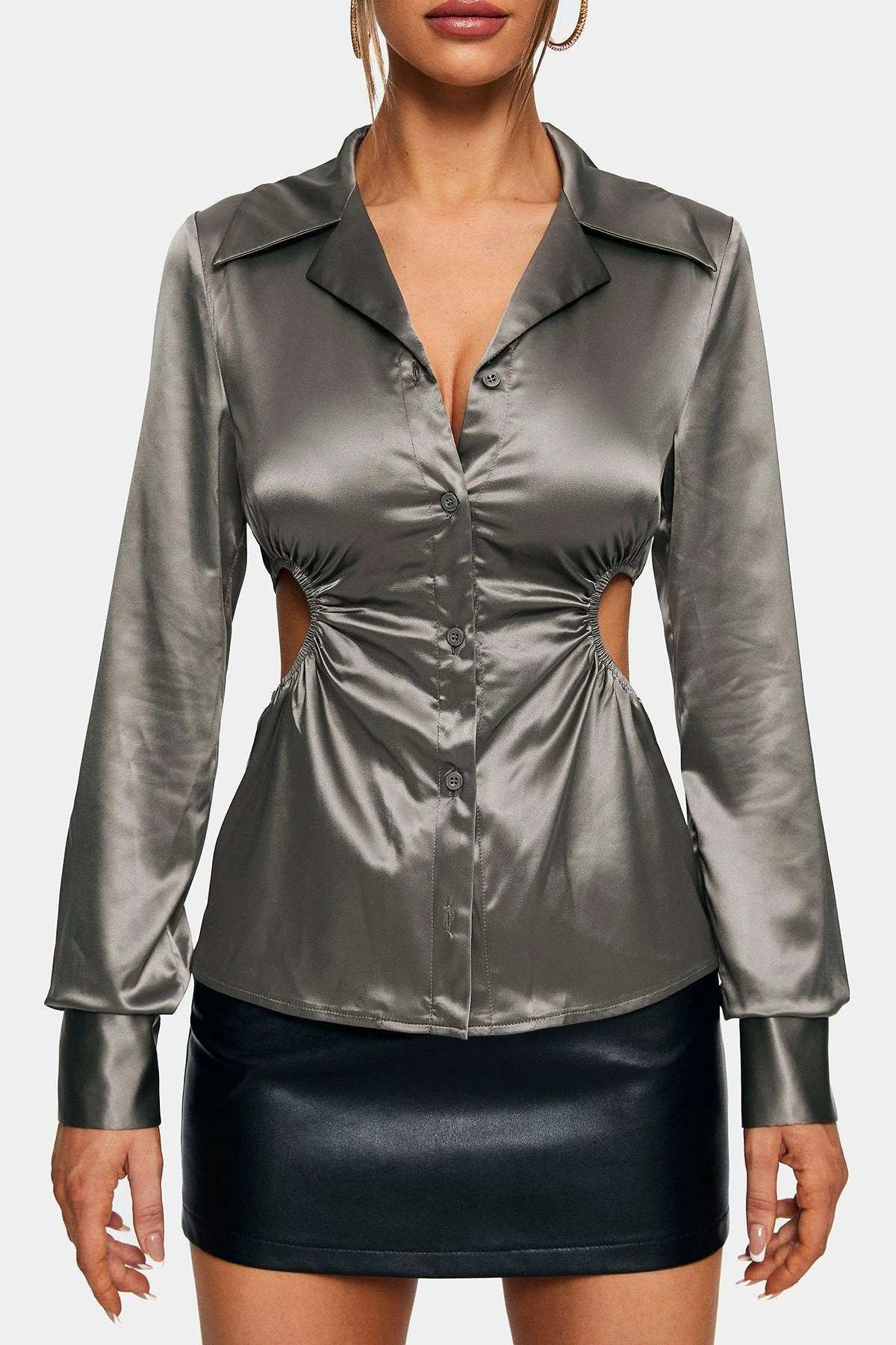 SOLADO Satin Cut Out Cinched Waist Long Sleeve Blouse 8 SOLADO Satin Cut Out Cinched Waist Long Sleeve Blouse - Image 6